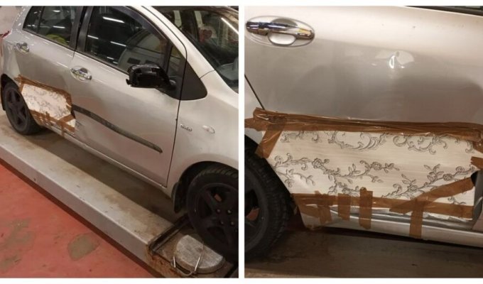 And so it will do: the driver covered a hole in the car with wallpaper (5 photos)