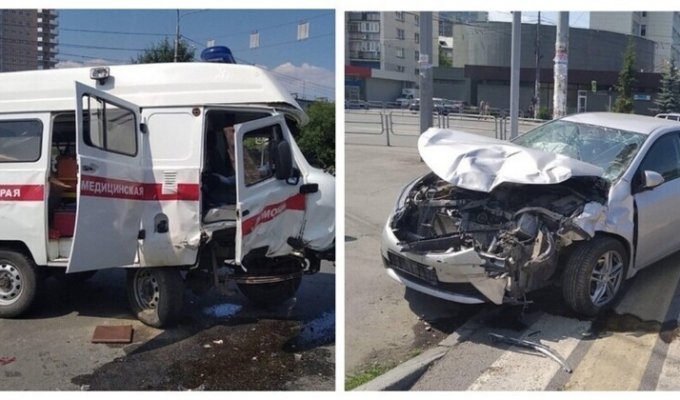 Иномарка в Челябинске протаранила и опрокинула скорую с мигалкой (5 фото)