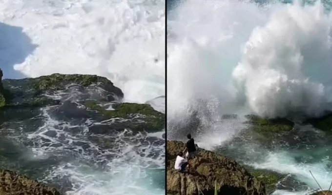 В Индонезии туриста снесло волной, когда он позировал для фотографии (5 фото + 1 видео)