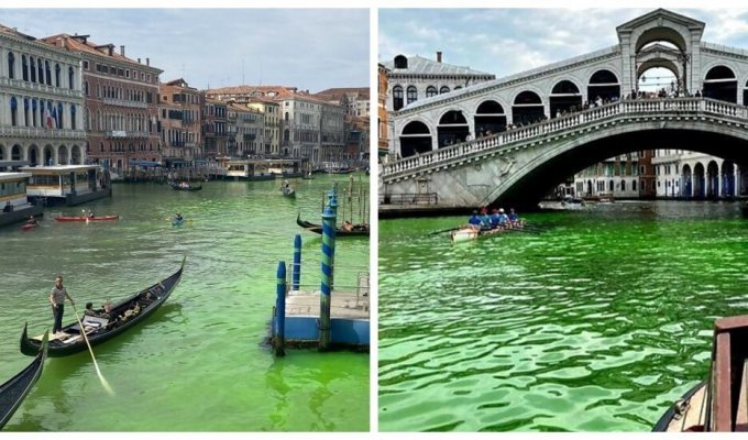 Екоактивісти пофарбували води Гранд-каналу Венеції у зелений колір (3 фото + 2 відео)