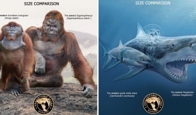 Иллюстрации, демонстрирующие разницу между вымершими животными и их современными потомками (16 фото)