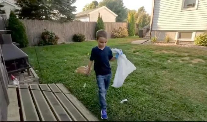 A boy started his own business cleaning up dog poop (2 photos + 1 video)