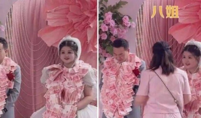 Сюрприз от восьми сестёр: молодоженов на свадьбе обвешали денежными купюрами (3 фото + 1 видео)