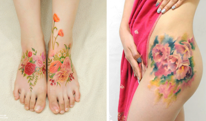 Цветочные татуировки, похожие на акварельные рисунки (11 фото)