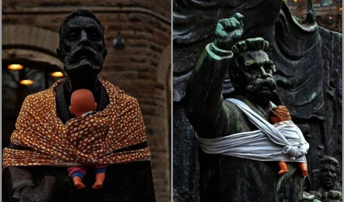 Slings and baby carriers have appeared near male statues in Sweden (16 photos)