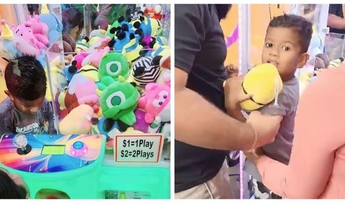 A three-year-old tomboy climbed into a soft toy machine (4 photos + 1 video)