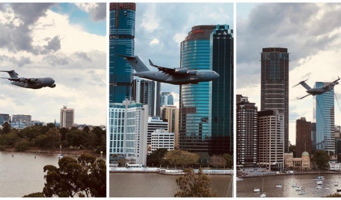 Военный Boeing C-17 пролетел рядом с небоскрёбом в Австралии, напугав жителей (1 фото + 3 видео)
