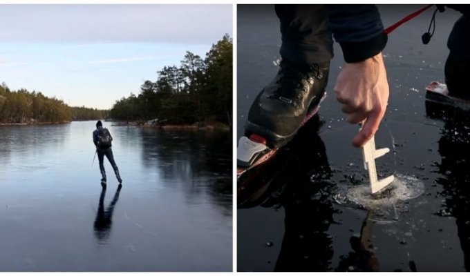 Завораживающие звуки при катании на коньках по тонкому льду (1 фото + 3 видео)