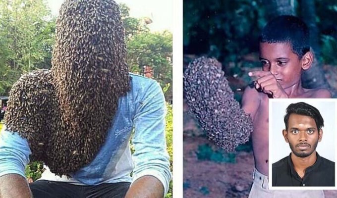 Индийский парень закрыл свое лицо 60 000 пчелами (6 фото)