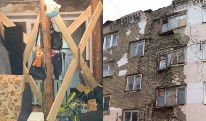 Экостиль: саратовские ремонтники подперли рушившийся потолок квартир бревнами (5 фото + 1 видео)