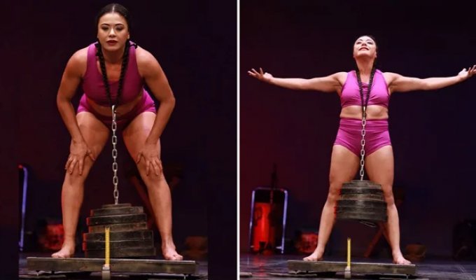 A circus performer managed to lift a heavy load with her own hair (2 photos + 1 video)
