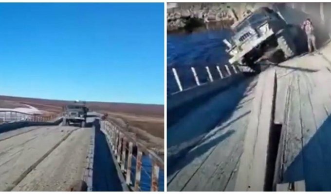 Обрушение моста под грузовиком на Ямале попало на видео (2 фото + 1 видео)