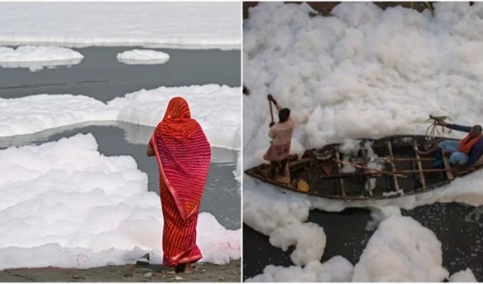 A sacred river in India was covered with poisonous foam (2 photos + 2 videos)