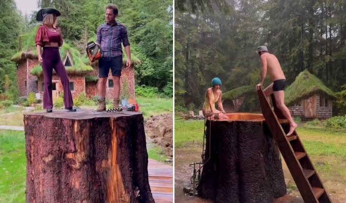 A couple turned a huge stump into an outdoor bath (5 photos + 1 video)