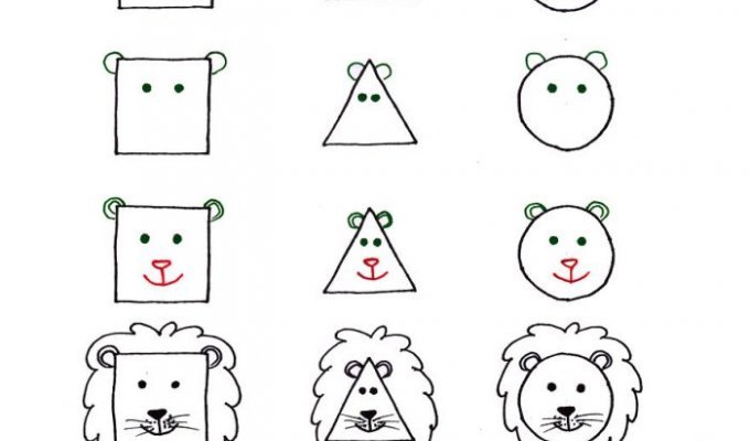 Как нарисовать животных с помощью простых фигур (10 картинок)