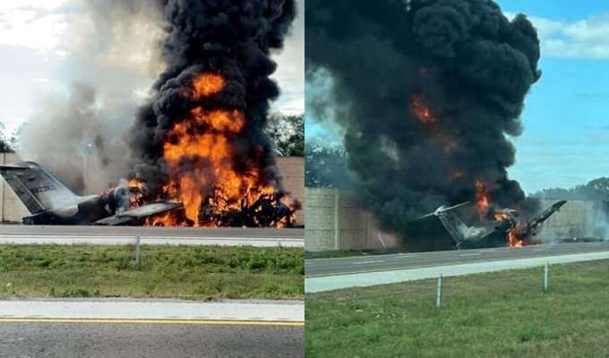 A private plane crashed into a car while trying to land on the highway (1 photo + 3 videos)