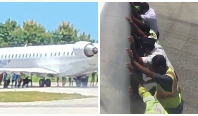 20 мужчин вручную толкают 35-тонный самолет (3 фото + 1 видео)