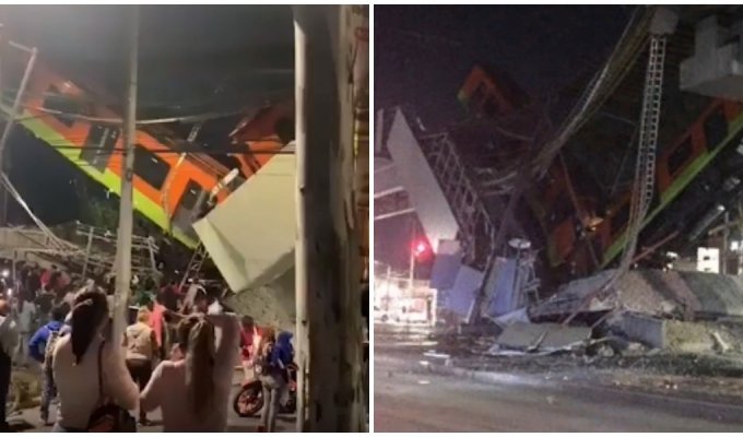 В Мехико метромост рухнул вместе с вагонами метро на машины (5 фото + 1 видео)