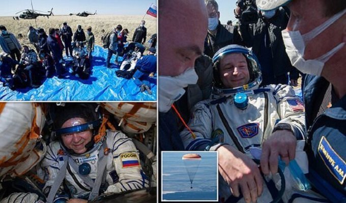 Вернувшихся на Землю космонавтов встретили врачи в масках (6 фото + 1 видео)