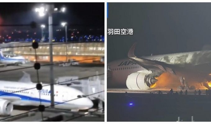 A Japan Airlines plane with passengers on board caught fire at Tokyo airport (1 photo + 1 video)