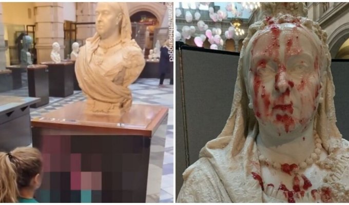 Eco-activists poured jam on the bust of Queen Victoria and wrote an obscene word on the pedestal (3 photos + 1 video)