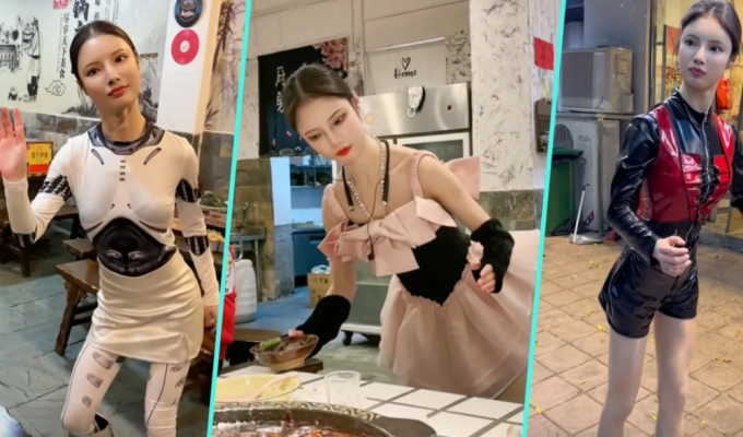 A waitress from China became popular thanks to the movements of a robot (3 photos + 1 video)