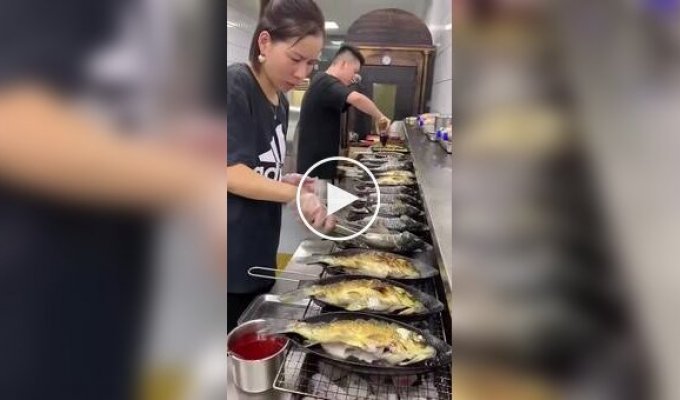 Conveyor preparation of fish in a restaurant