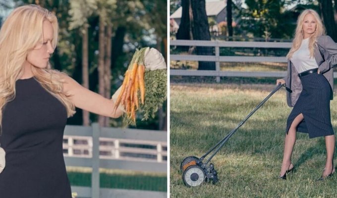 56-year-old Pamela Anderson posed for a Canadian fashion brand, trying on the image of a business gardener (14 photos)