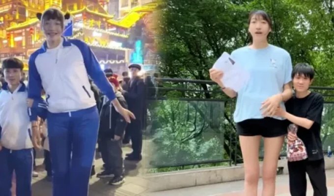 Неравный брак: китаец удивил весь мир невестой ростом 2,2 метра (3 фото + 1 видео)