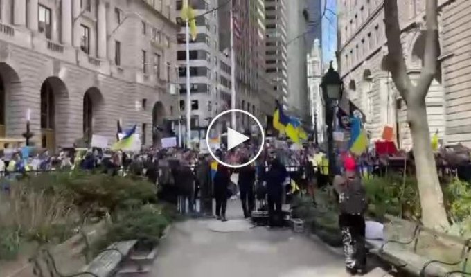 Митинг в поддержку Украины в Нью-Йорке. Участники акции скандируют «Азов»