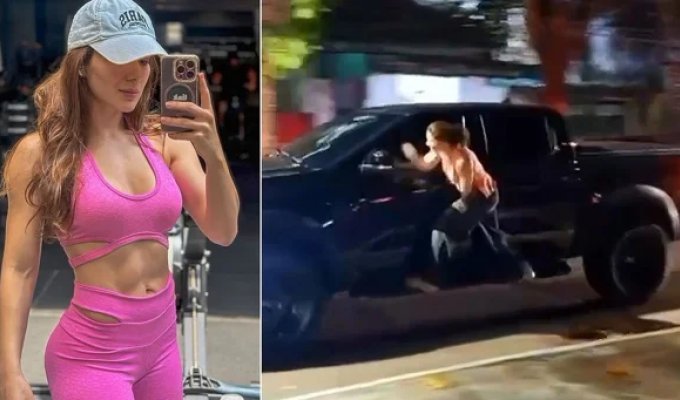 Enraged wife jumped on a moving car after seeing her husband with his mistress (6 photos + 1 video)