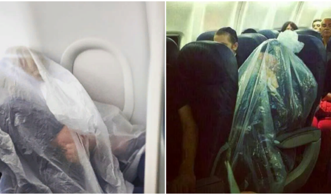 Пассажирка самолёта закуталась в полиэтилен, чтобы спастись от коронавируса (6 фото)