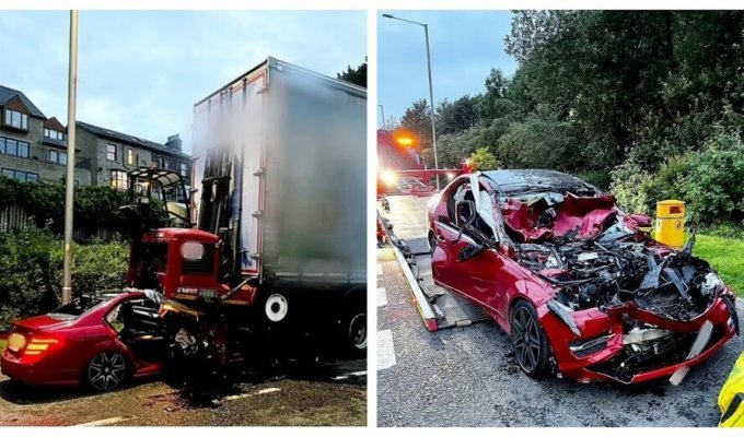 Водитель Mercedes врезался в неподвижный грузовик на скорости 95 км/ч и чудом остался жив (4 фото)