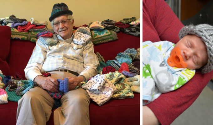 86-летний мужчина вяжет шапочки для недоношенных детей (4 фото + 1 видео)