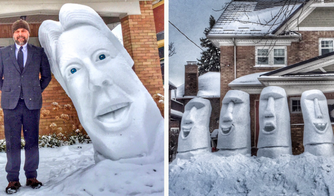 Мужчина лепит из снега 2-метровые снежные скульптуры во дворе своего дома (16 фото)