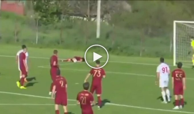 A bizarre goal in Moldova: a deflection off a prone player