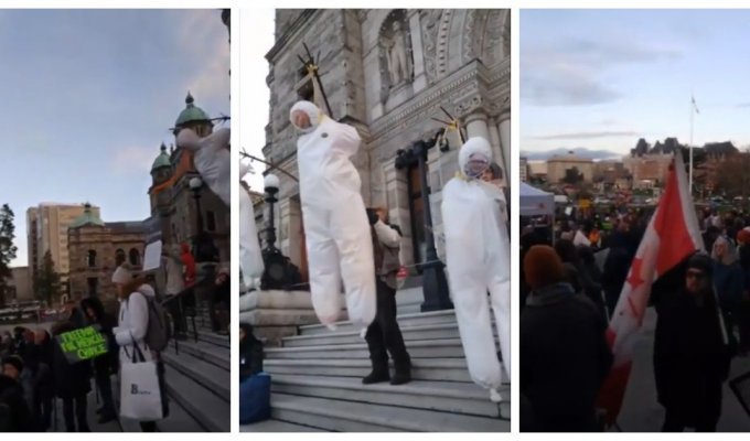 В Канаде протестующие против ковид-ограничений повесили муляжи с фото ведущих политиков (2 фото)