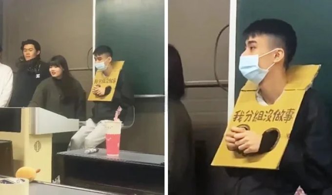 A student who did not participate in a group task was put in cardboard "stocks" (2 photos + 1 video)