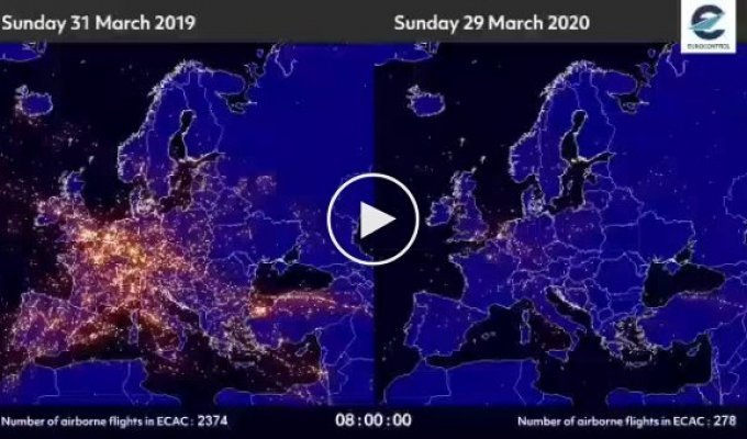Количество самолетов над Европой в год назад и сейчас