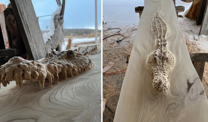 Artist Spent 100 Hours To Carve Crocodile Bar Counter (10 Photos)