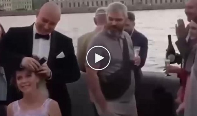 The groom suddenly shaved his bride