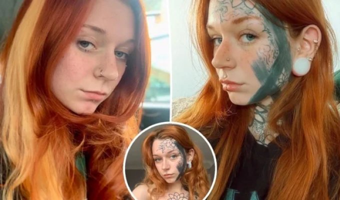 Girl allowed her fiancé to make a tattoo on her face (5 photos)