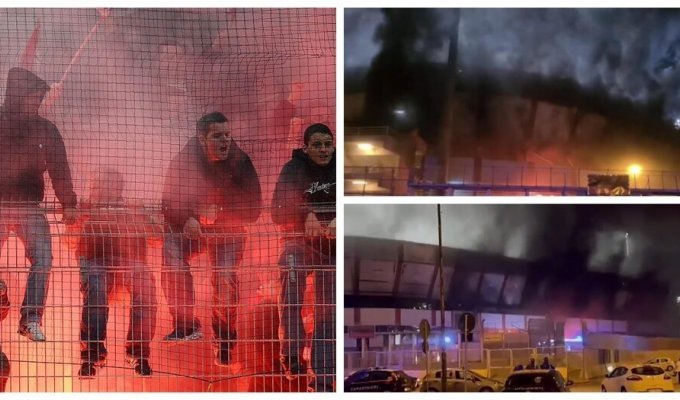 Football fans from Italy were upset by the defeat of their favorite team and burned down the opponents' stadium (3 photos + 1 video)