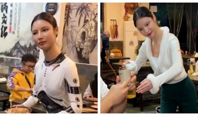 Chinese waitress skillfully impersonates an android (3 photos + 2 video)