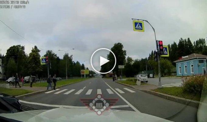 Беспечные пешеходы и быстрый мотоциклист встретились на регулируемом пешеходном переходе в Петербурге