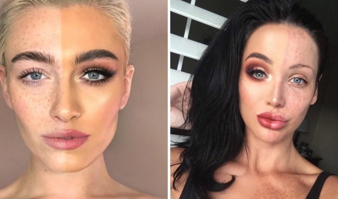The girls applied makeup to only one side of their faces to show exactly how it changes their appearance (18 photos)
