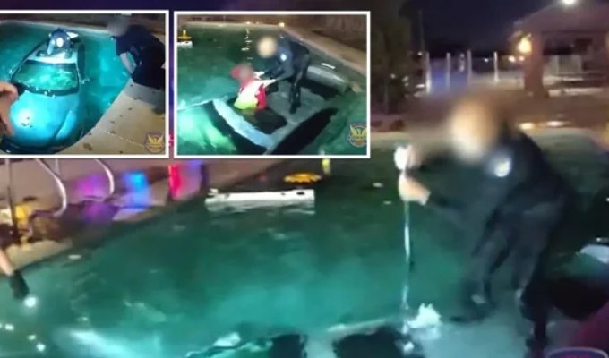 Footage of the driver being rescued from a car that sank in a pool (3 photos + 1 video)