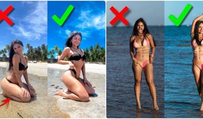 The girl showed how to take pictures in a swimsuit to avoid bad shots (14 photos)