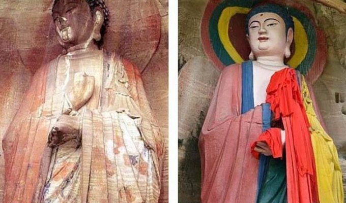Нелепая раскраска 1000-летней статуи Будды возмутила китайцев (3 фото)