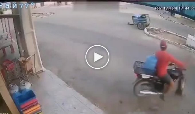 The truck overturned onto a motorcycle and miraculously did not crush its owner